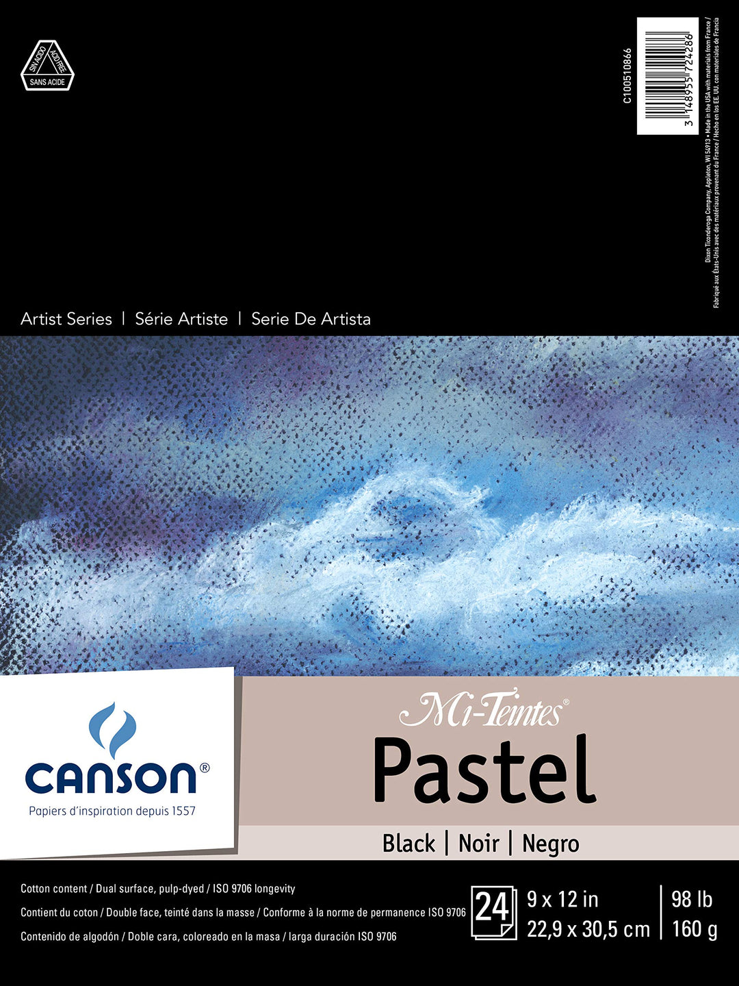 Canson Artist Series Mi-Teintes Pastel Paper, Black, Foldover Pad, 9x12 inches, 24 Sheets (98lb/160g) - Artist Paper for Adults and Students