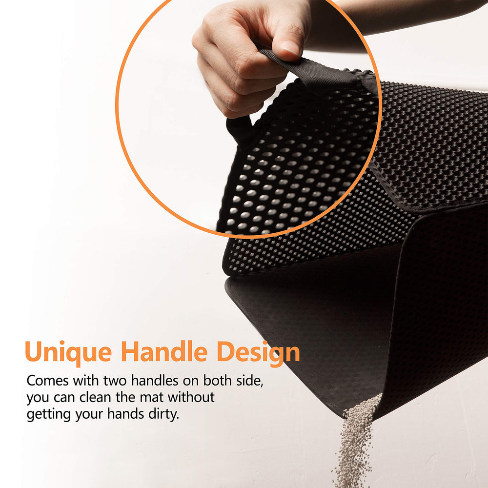 Conlun Cat Litter Mat-30X24 Large Litter BoxTrapping Mat for Kitty EVA Honeycomb Double Layer Design, Urine & Waterproof with Handle Design Easier to Clean, Washable, Black