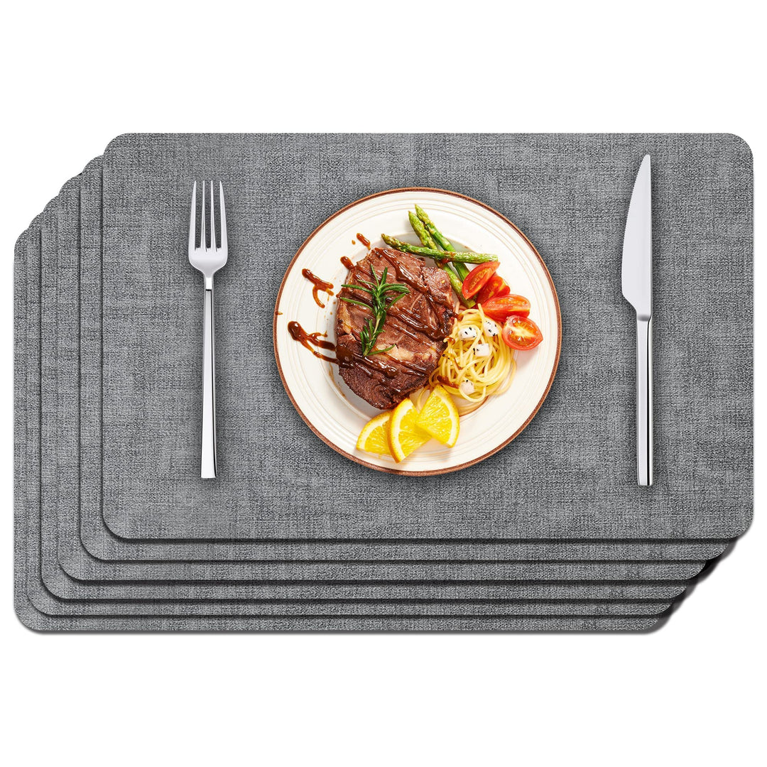 Faux Leather Placemats Set of 6 - Waterproof - Wipe Clean - Heat Resistant - Anti Slip Dining Table Place Mats, Suitable for Indoor & Outdoor Use, 17’’×12’’, Grey
