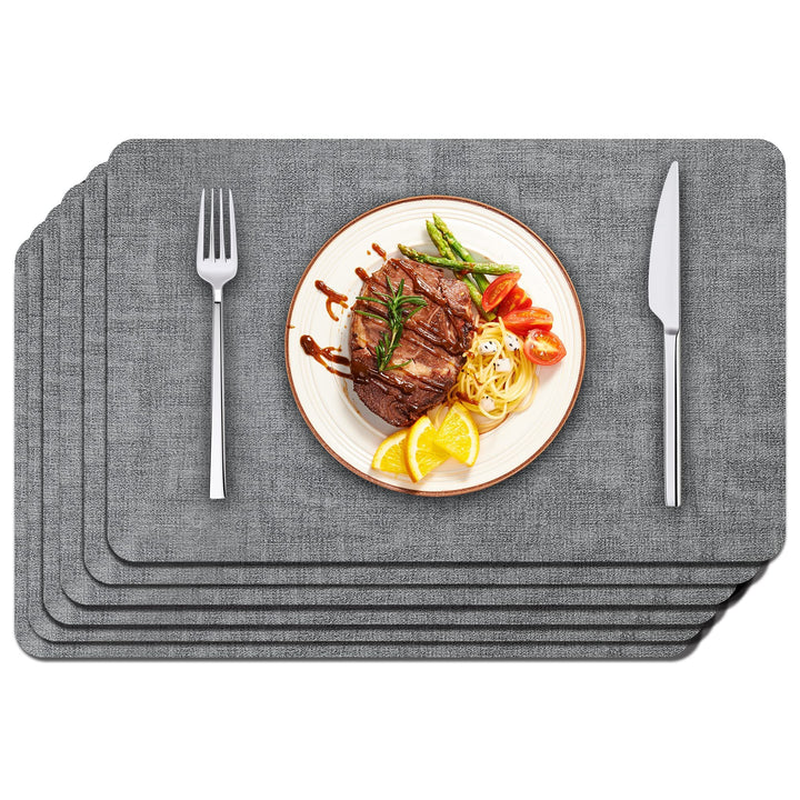 Faux Leather Placemats Set of 6 - Waterproof - Wipe Clean - Heat Resistant - Anti Slip Dining Table Place Mats, Suitable for Indoor & Outdoor Use, 17’’×12’’, Grey