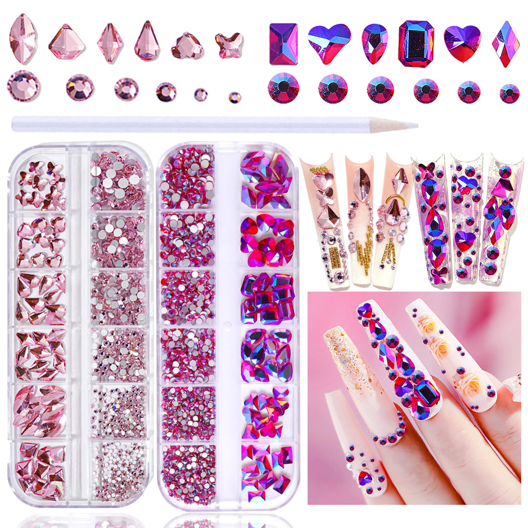 1620pcs Flat Back Rose AB Nail Rhinestones Pink Nail Rhinestones for Nails Round Beads Crystals Glass Gems Stones Multi Shapes Sizes Nail Rhinestones for Nail Face Art Clothes Shoes Bags DIY