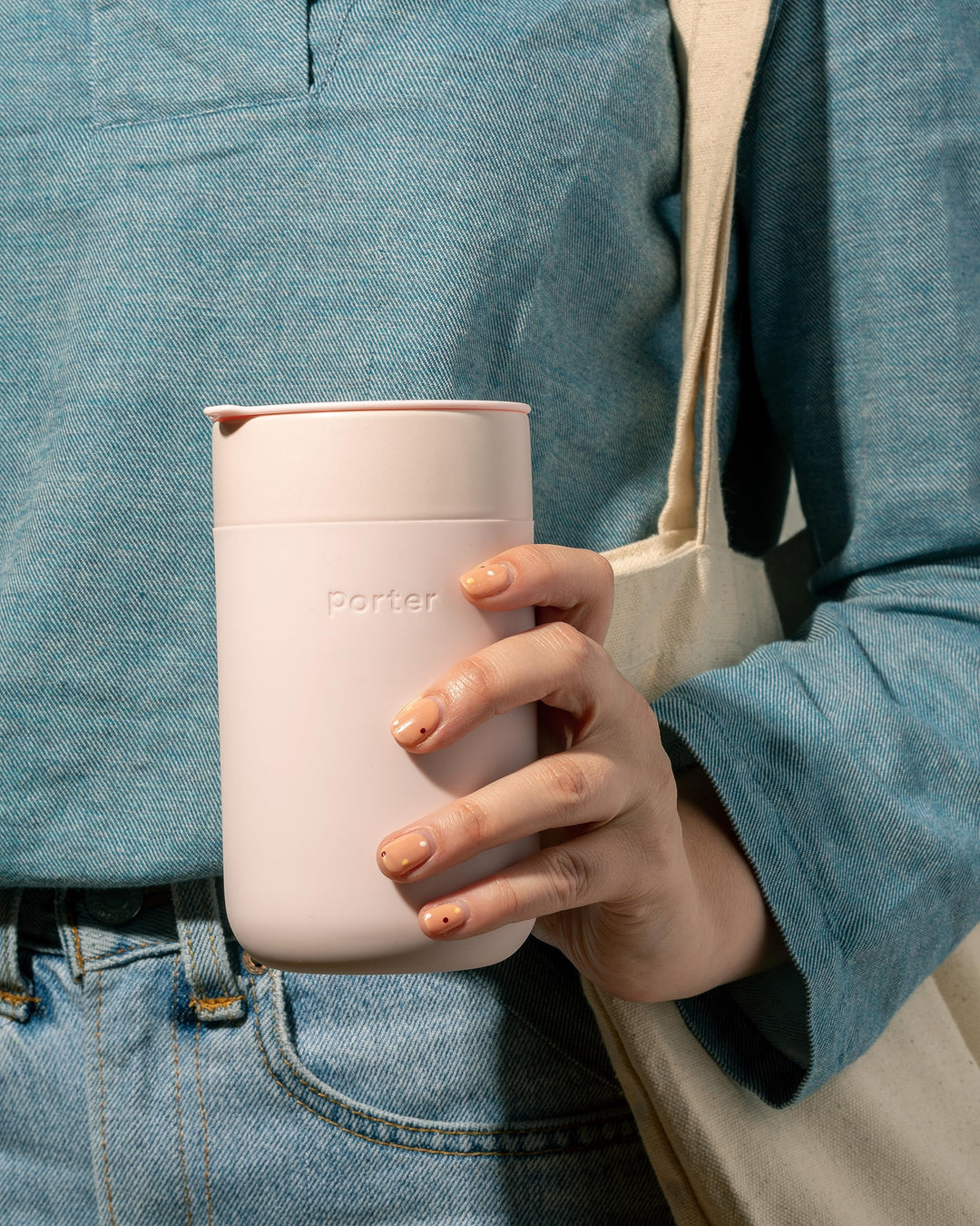 W&P Porter Ceramic Mug w/ Protective Silicone Sleeve, Blush 16 Ounces | On-the-Go | No Seal Tight | Reusable Cup for Coffee or Tea | Portable | Dishwasher Safe