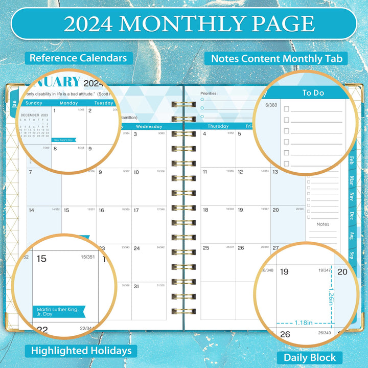 2024 Planner - Planner 2024 with Tabs, January 2024 - December 2024, Weekly and Monthly Planner 2024 with Back Pocket, 6.1 x 8.7, Blue Waterink