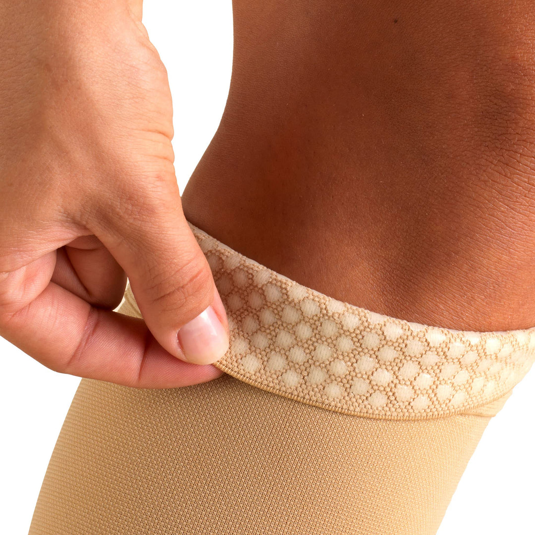 20-30 mmHg Compression Stockings for Men and Women, Thigh High Length, Dot-Top, Open Toe, Beige, Medium