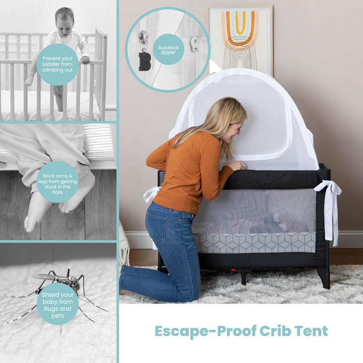 Premium Pack n Play Tent, Mini Crib Tent to Keep Baby from Climbing Out, Auto Pop Up Pack and Play Tent with Auto-Lock Zippers, Thick Velvety Breathable Mesh (Stars & Moons - Ruffles)
