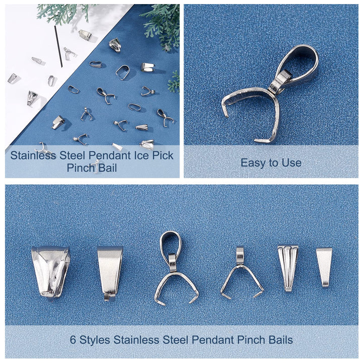 120pcs 6 Styles 304 Stainless Steel Pendant Pinch Bails Ice Pick Pinch Bails Clasp Dangle Charm Bead Pendant Connector Bails for Jewelry Making 7-10mm Long