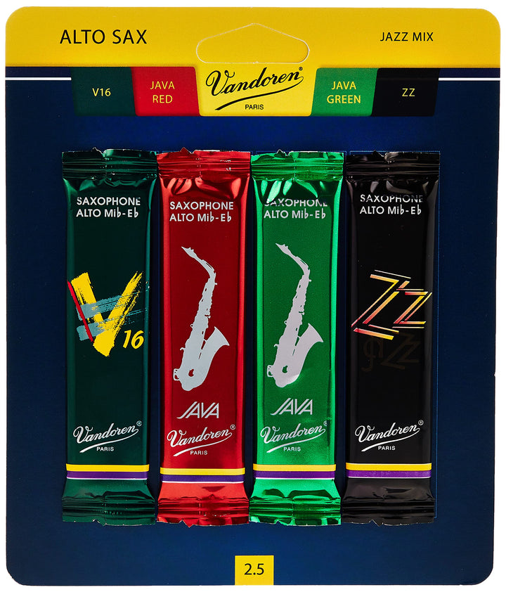 SRMIXA25 Alto Sax Jazz Reed Mix Card includes 1 each ZZ, V16, JAVA and JAVA Red Strength 2.5