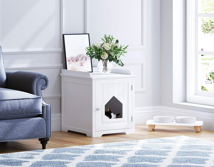 Cat Litter Box Enclosure, Side Table,Night Stand Pet House, Indoor , White