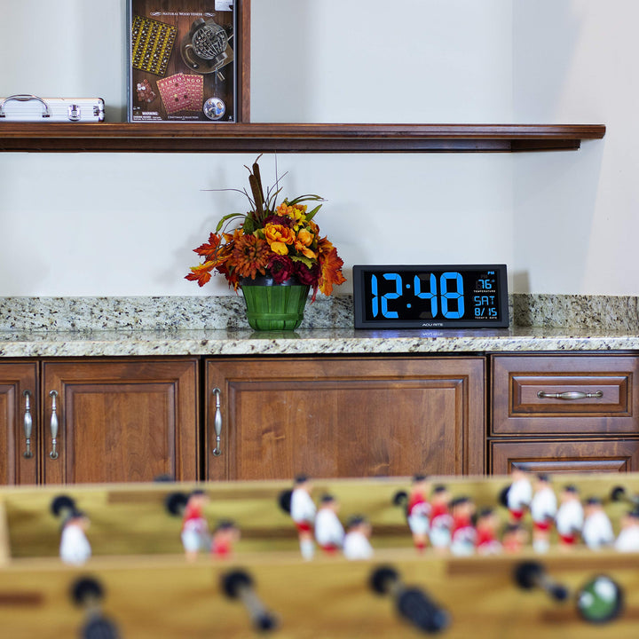 75152M Oversized Blue LED Clock with Indoor Temperature, Date and Fold-Out Stand, 14.5-Inch