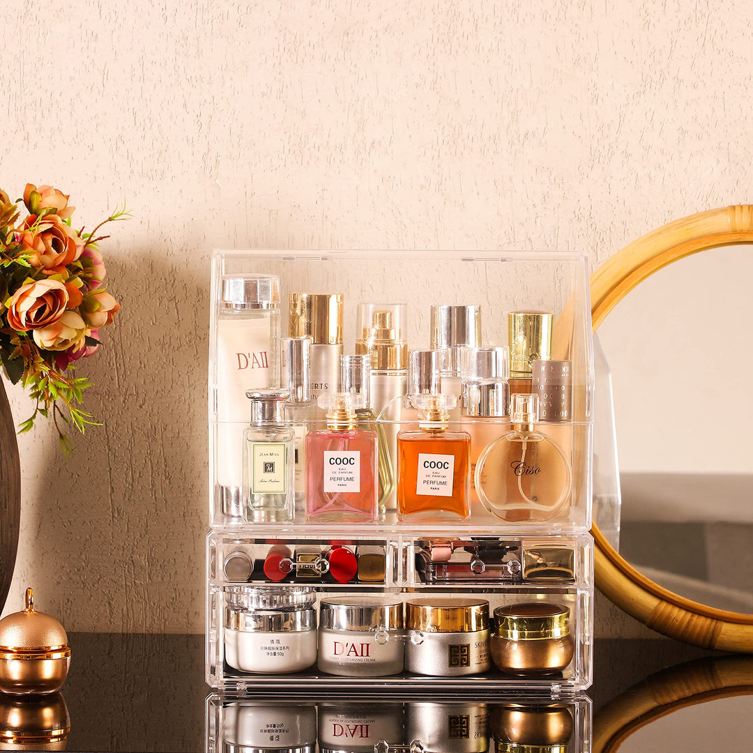 Makeup Organizer with 3 Drawers -Clear Plastic Skincare and Cosmetic Storage for Vanity Countertop,Dresser Top Organizer for Beauty Products,Cologne Perfume-Bathroom Countertop Organization