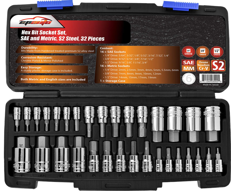 32 PCs Hex Bit Socket Set, SAE and Metric, S2 & Cr-V Steel