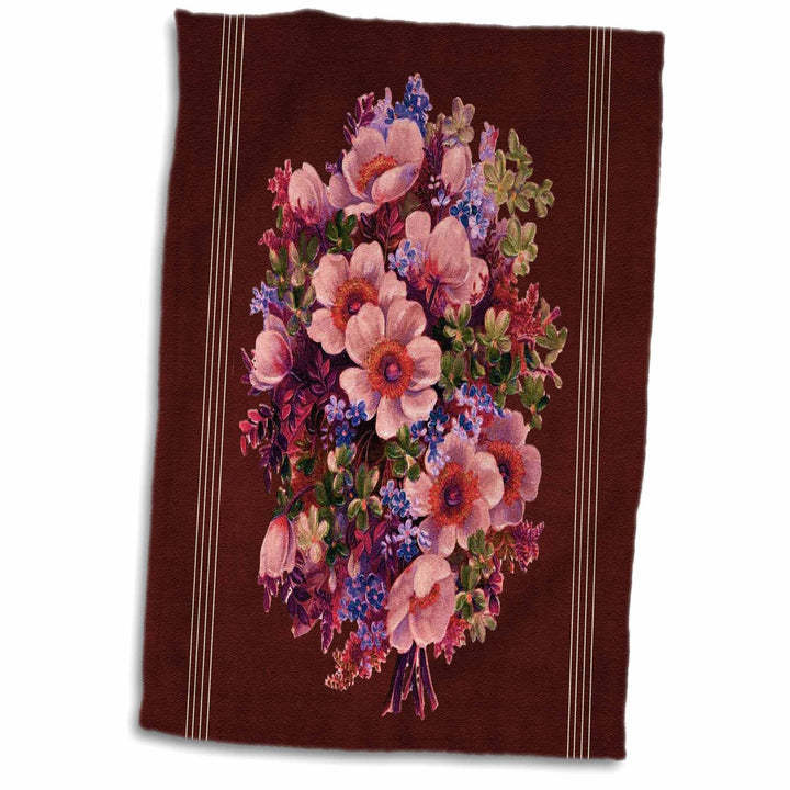3D Rose Assorted Bouquet of Pink-Green and Blue Flowers with Burgundy Textured Background and White line TWL_53942_1 Towel, 15 x 22