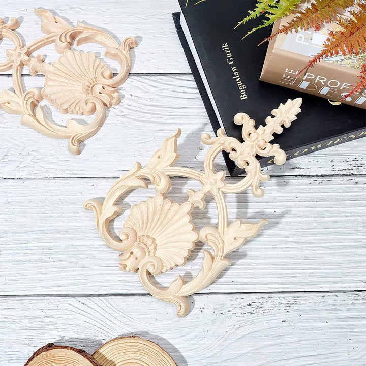 2PCS Carved Wood Appliques Onlays Wooden Decal Corner Frame 7.5x4.6inch Unpainted Wooden Onlay Wood Carving Appliques ffor Furniture Cabinet Dresser Bed Wall