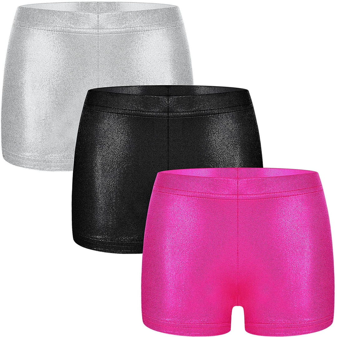 SATINIOR 3 Pieces Girls Gymnastic Shorts Glitter Ballet Dance Shorts Metallic Spandex Shorts for Kid Girls (Black, Rose, Silver,10-12 Years)