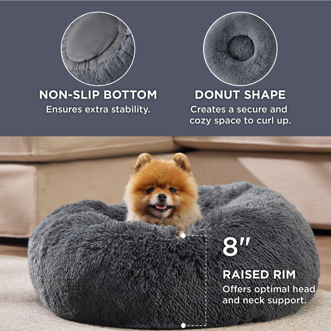 Calming Dog Bed for Small Dogs - Donut Washable Small Pet Bed, 23 inches Anti-Slip Round Fluffy Plush Faux Fur Large Cat Bed, Fits up to 25 lbs Pets, Dark Grey