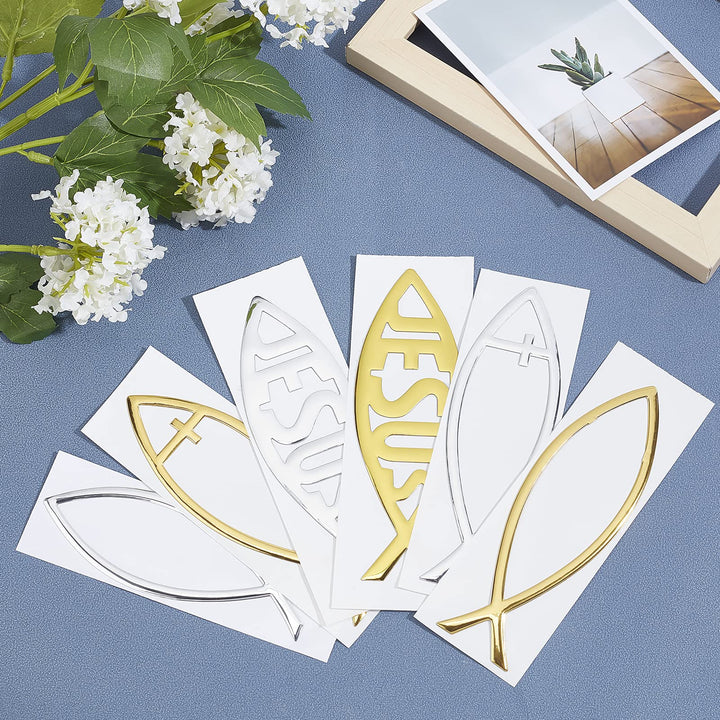6pcs 6 Styles Jesus Fish Decal Sticker PVC Fish Car Emblem Religious God Jesus Christian Fish Cross Symbol Gold Sliver for DIY Car Decoration 5.9x2inch