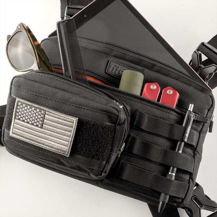 Tactical Inspired Sports Utility Chest Pack. Chest Bag For Men With Built-In Phone Holder. This EDC Rig Pouch Vest is Perfect For Workouts, Cycling & Hiking
