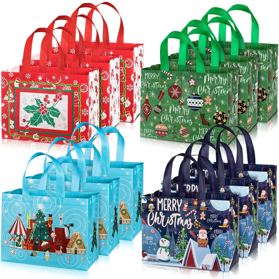 12 Pack Large Christmas Tote Bags with Handles, Reusable Gift Bag Grocery Shopping Totes for Holiday Xmas 12.8 x 9.8