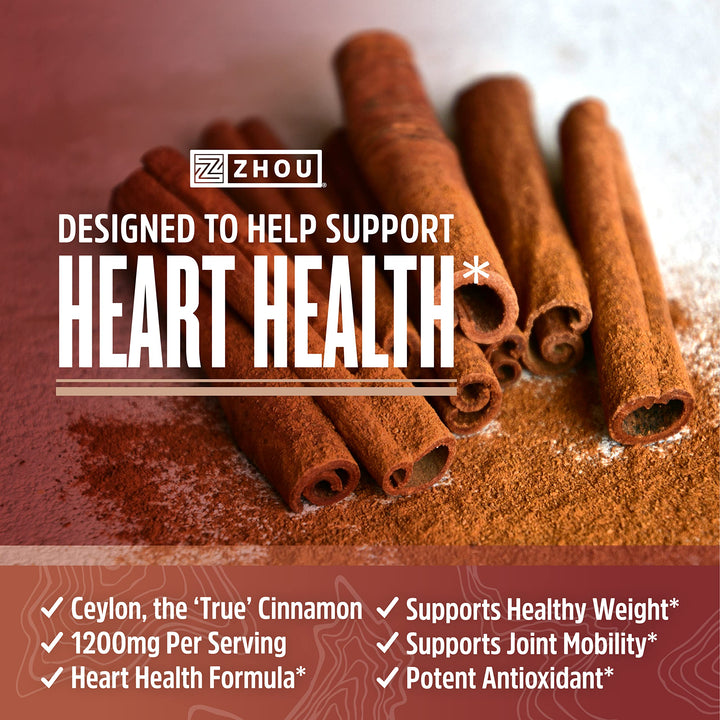 Zhou Ceylon Cinnamon | Supports Heart Health and Joint Mobility | True Cinnamon Native to Sri Lanka | 30 Servings, 60 CT