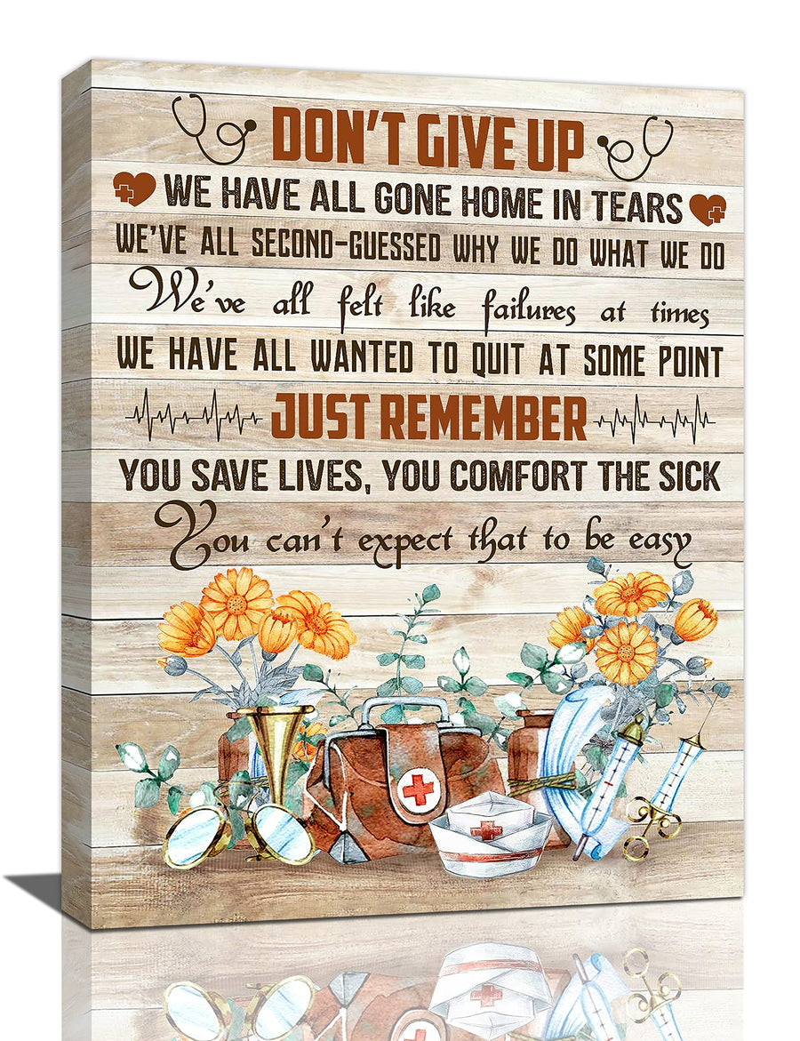 Inspirational Wall Art Nurse Cap Injector Flower Picture Painting Gifts for Nurse Medical Staff Team Motivational Quotes Don't Give Up Framed Canvas Prints Modern Office Artwork Decor 12x16