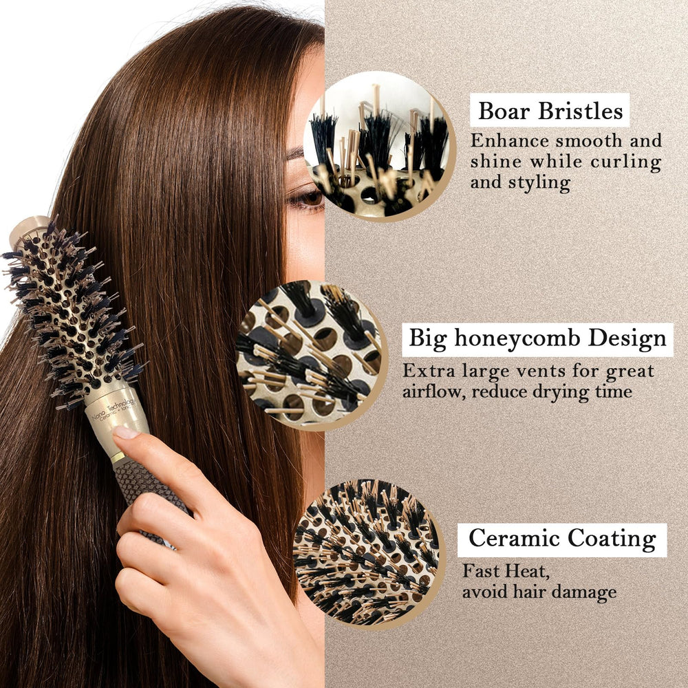 Nano Technology Thermal Ceramic & lonic Round Barrel Hair Brush with Natural Boar Bristle for Blow Drying, Curling, Styling, Straightening ,1 inch