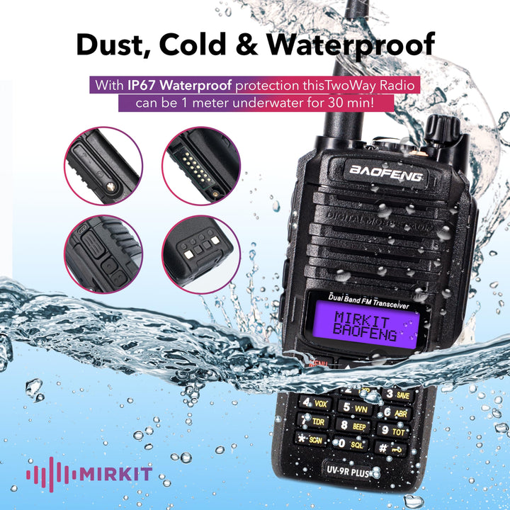 Mirkit Waterproof Baofeng Radio UV-9R Plus MK1 (UV-82 3rd Gen) 8 W VHF/UHF 144-148/420-450MHz Walkie Talkie with 2200mAh Battery & Programming Cable. IP67 Handheld Radio: Dust, Cold, Waterproof
