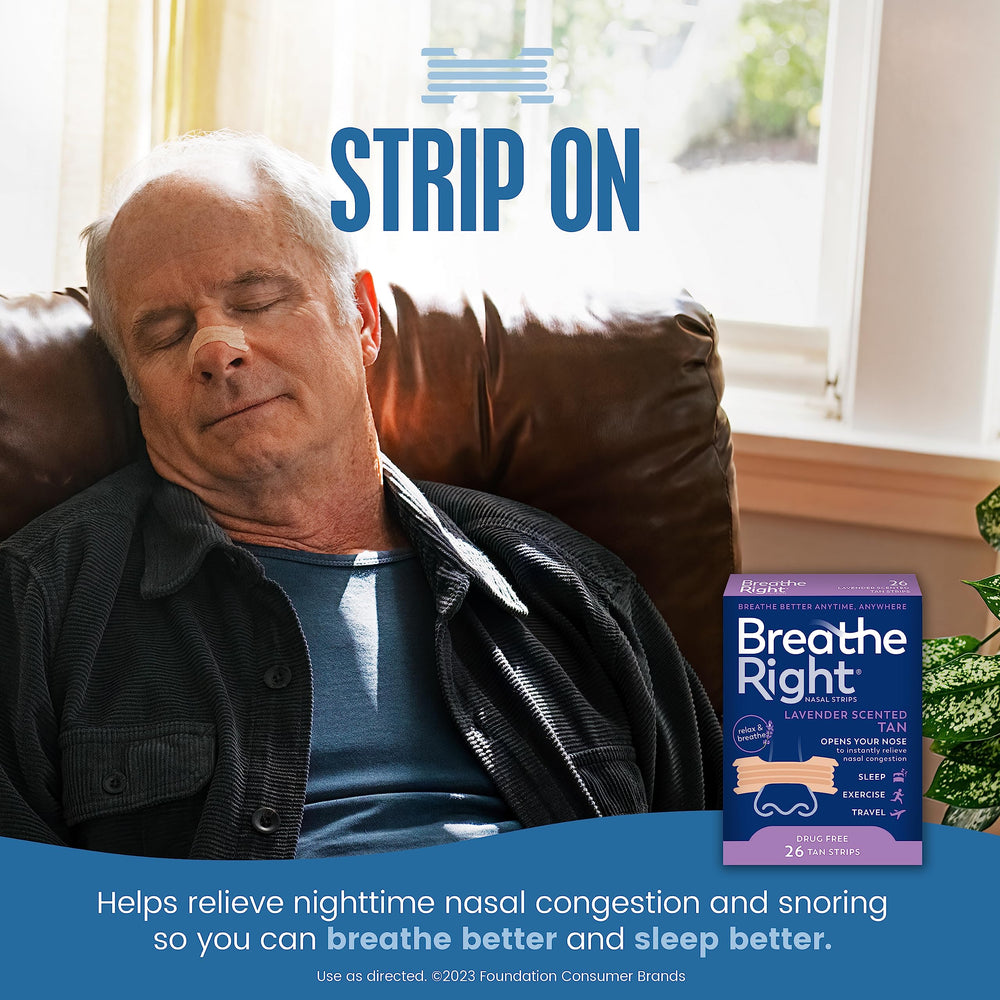 Nasal Strips Lavender Scent Extra Strength Tan Nasal Strips Help Stop Snoring Drug-Free Snoring Solution & Nasal Congestion Relief Caused By Colds & Allergies 26ct (packaging may vary)