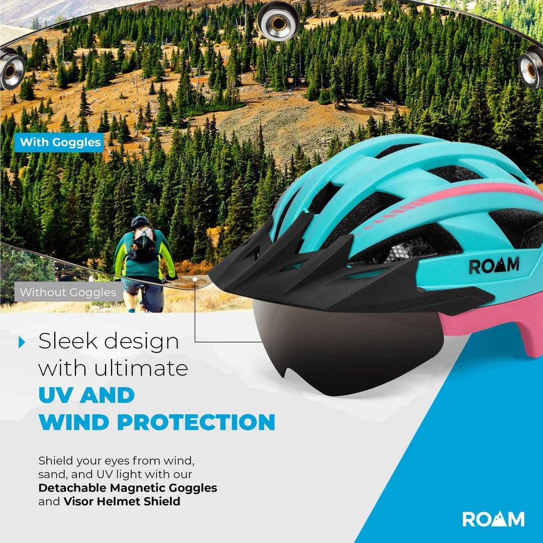 Road Bike Helmet - Durable Helmets for Adults with Sun Visor, LED Light and Detachable Magnetic Goggles - Adjustable Size - Mountain Bicycle Helmet for Adult Men & Women