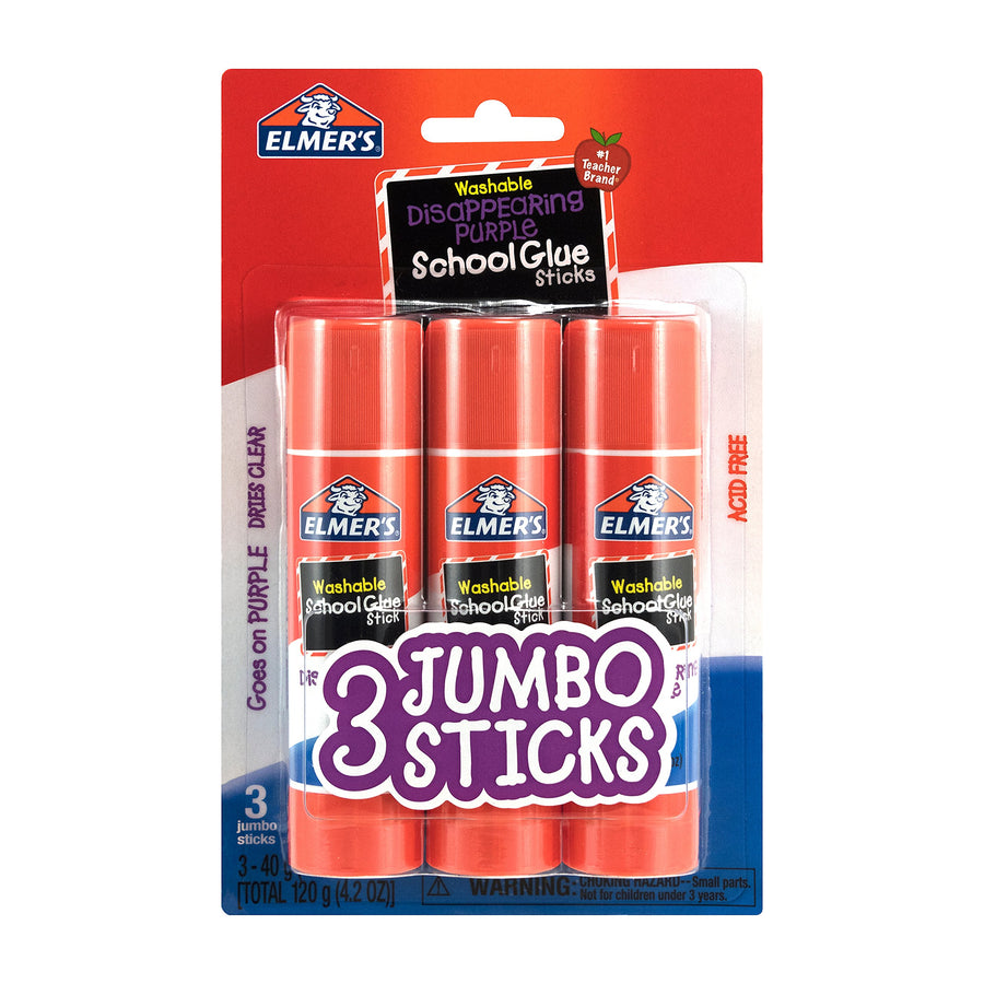 Disappearing Purple School Glue Sticks, Washable, Jumbo Size, 40 Grams, 3 Count