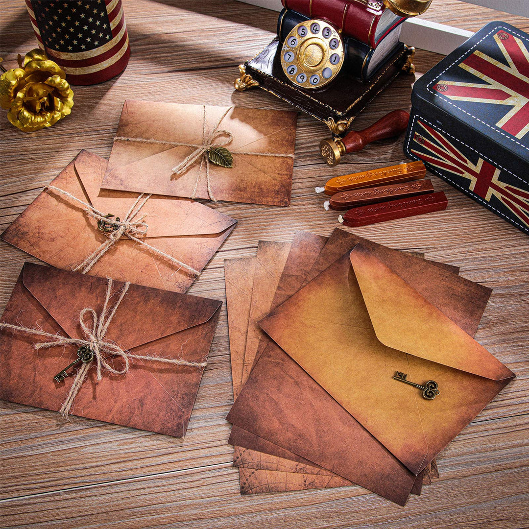 Vintage Envelopes Parchment Paper for Writing Old Looking Paper Letter Writing Kit Classic Aged Stationery Letter, 24 Vintage Paper, 12 Envelope, 12 Rope, 12 Pendant, 8 Sealing Wax Stick