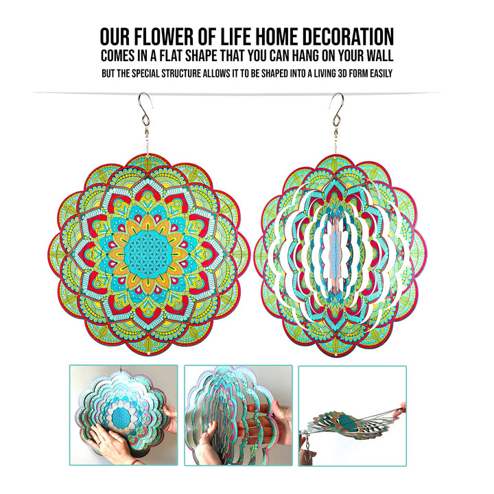 Garden Decor - Mandala Wind Spinner, Hanging Outdoor Metal Art, Kinetic Yard Decorations, 12 inch Stainless Steel Patio Decor, Wall Art (Flower of Life)