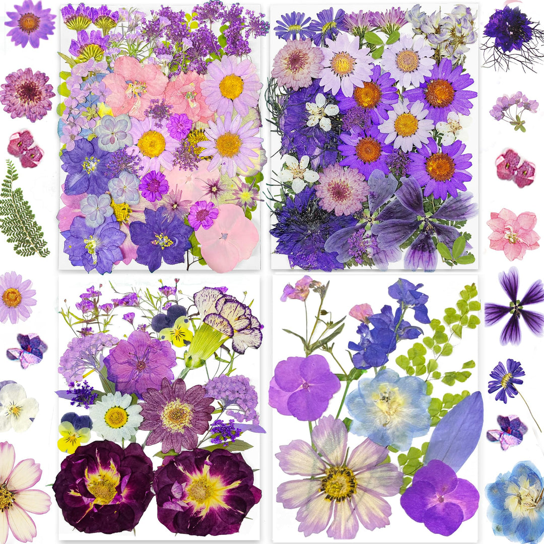 150PCS Purple Dried Pressed Flowers with Butterfly Stickers - Real Nature Flowers Set for Resin DIY Jewelry Candle Soap Vase Making Nail Card Scrapbook Art Craft Floral Decors
