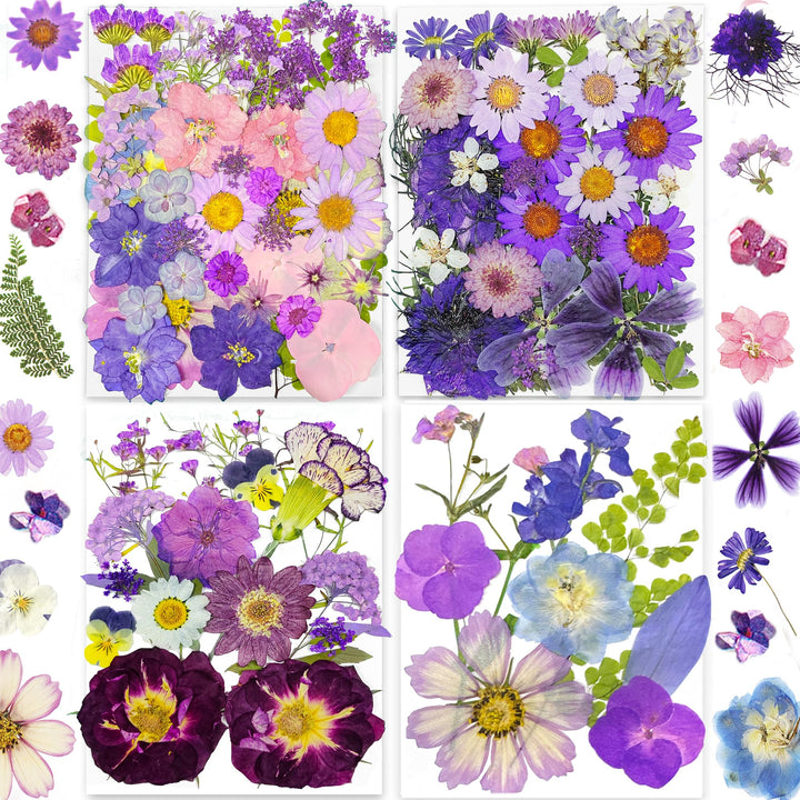 150PCS Purple Dried Pressed Flowers with Butterfly Stickers - Real Nature Flowers Set for Resin DIY Jewelry Candle Soap Vase Making Nail Card Scrapbook Art Craft Floral Decors