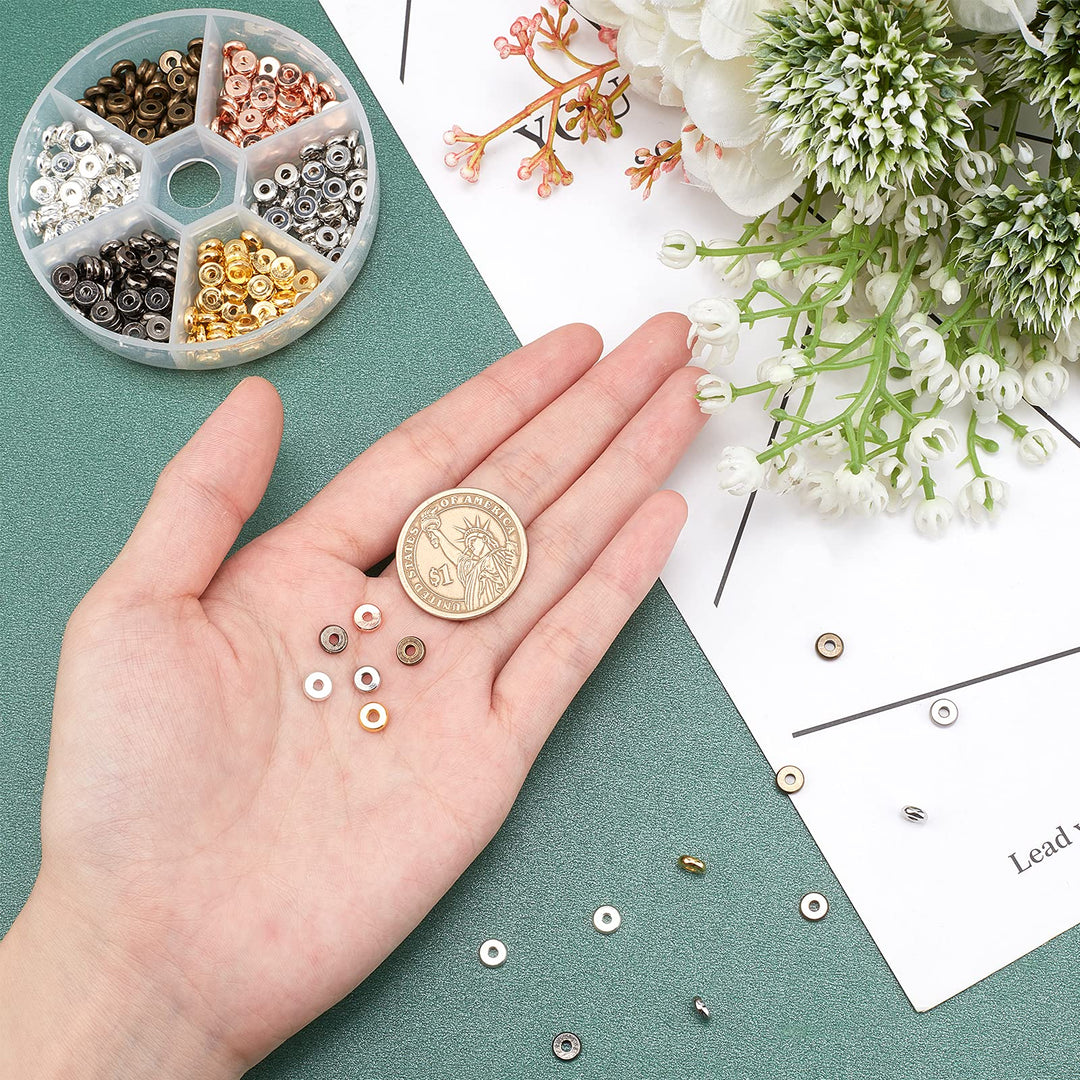 250pcs Metal Heishi Beads Rondelle Spacer Beads 5 Sizes Platinum Flat Round Brass Bead Spacers Disc Beads Jewelry Findings Accessories for Bracelet Necklace Jewelry Making 4/6/7/8/10mm