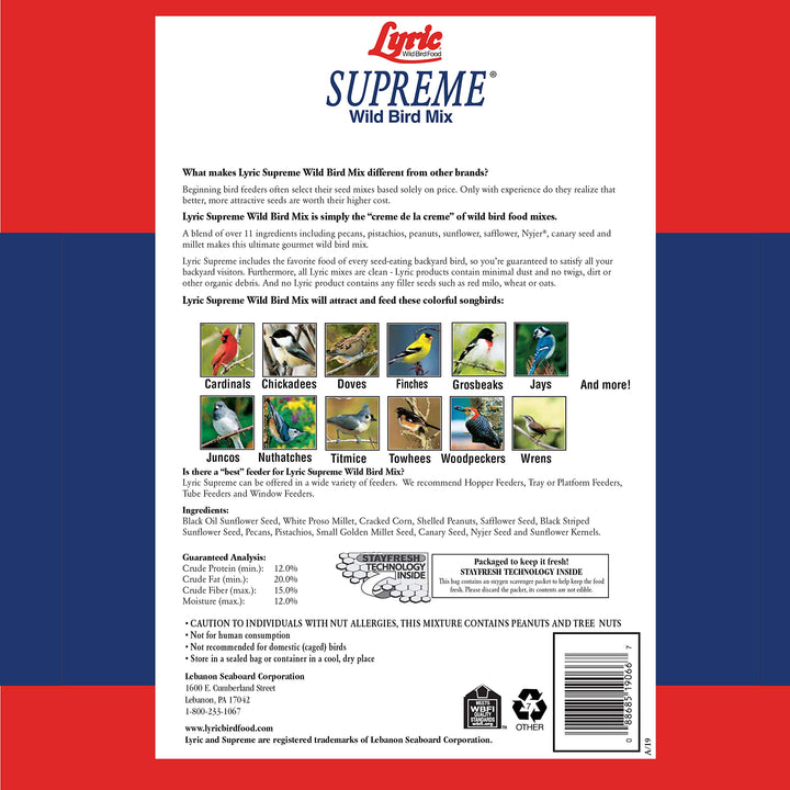 Supreme Wild Bird Seed - Wild Bird Food Mix with Nuts & Sunflower Seeds - Attracts Many Beautiful Songbirds - 20 lb. Bag