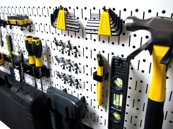 Modular Pegboard Tool Organizer System - Wall-Mounted Metal Peg Board Tool Storage Unit for Pegboard Tiling (White Pegboard)