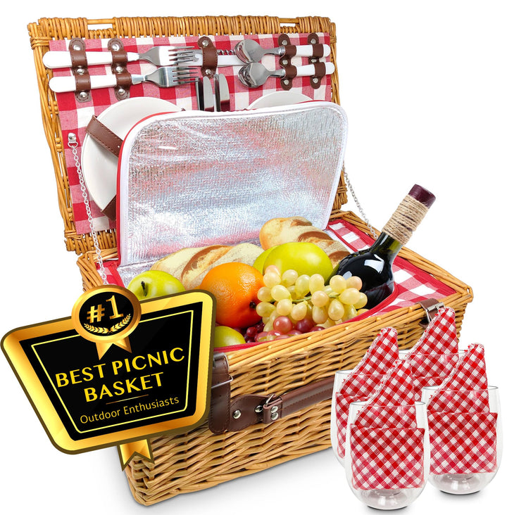 Picnic Basket, Wicker Basket with Handle for Outdoors, Insulated Woven Basket, Includes a Service Kit of Dinnerware & Wine Glasses, Picnic Basket Set for 4, Red & White