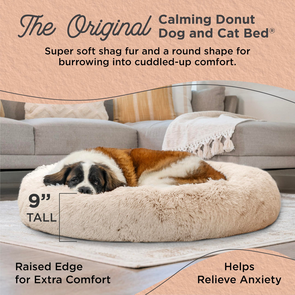 The Original Calming Donut Dog and Cat Bed in Shag Fur, Taupe, Extra Large, 45x45