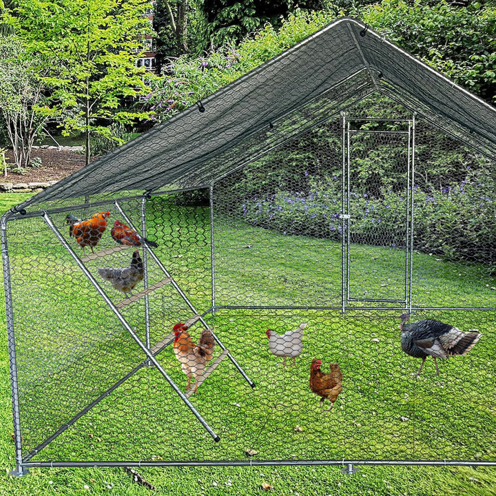 Large Chicken Coop Walk-in Metal Poultry Cage House Rabbits Habitat Cage Spire Shaped Coop with Waterproof and Anti-Ultraviolet Cover for Outdoor Backyard Farm Use (6.56' L x 9.8' W x 6.56' H)