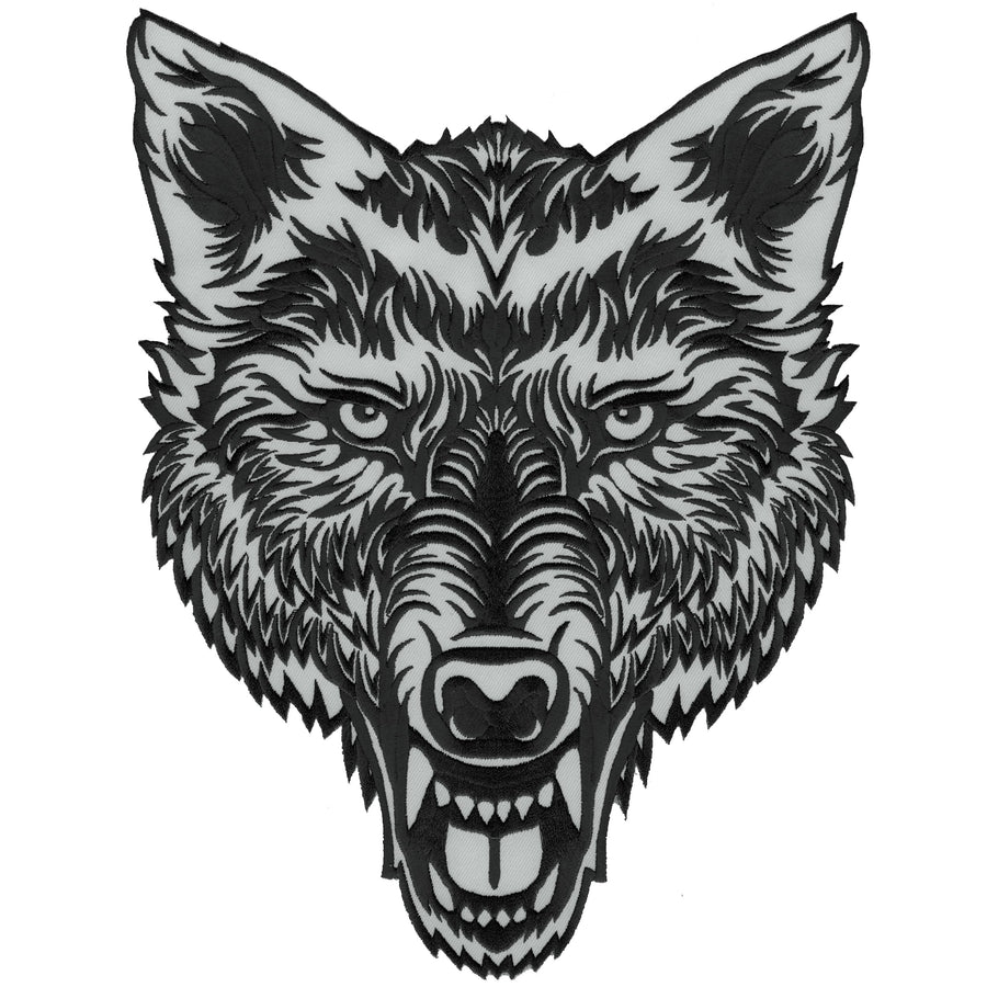 Big Lone Wolf Head Patch Light Reflective Embroidered Iron-On Patch for Jacket Vest Large Size 12 by 9.5 inches USA (Gray-Black)