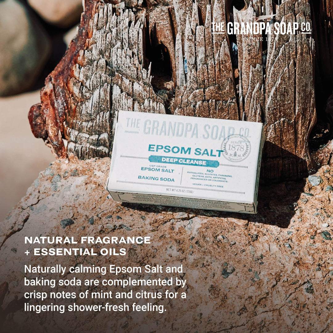 The Grandpa Soap Company Epsom Salt Bar Soap - Deep Cleansing Soap, Made with Epsom Salt and Baking Soda, Removes Dirt Grease and Grime, Vegan, for Face and Body, 4.25 Oz, 4 Pack