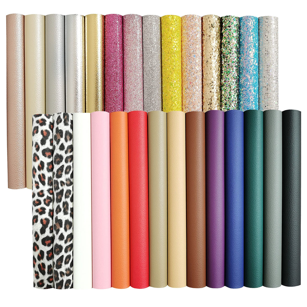 28 Pieces 8x6(20cmx15cm) A5 Faux Leather Sheets,Solid Colors & Glitter & Leopard Pattern Faux Leather Fabric Sheets for Bows,Keychains,Hair Accessories DIY Projects