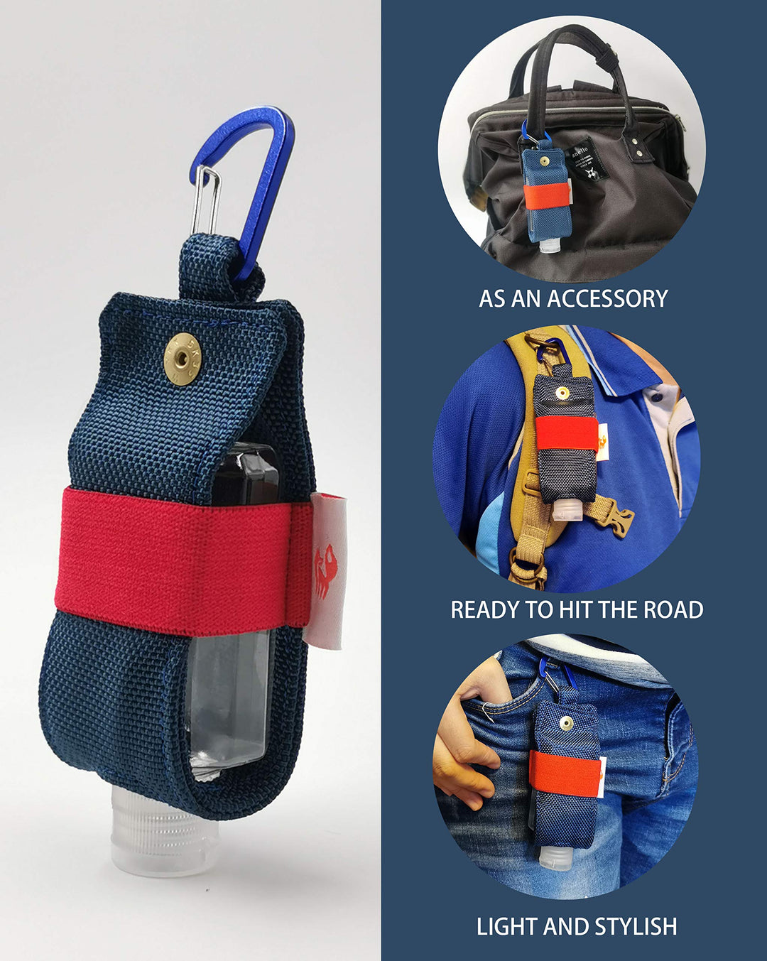 Travel Size Hand Sanitizer Holder,Bottle Case and Carabiner Carrier bag-Portable Mini Waist Bag for Liquids Clip On Belt Loop, Backpack and Purse - Includes Empty 60ml/ 2 oz Reusable Bottle (Blue)
