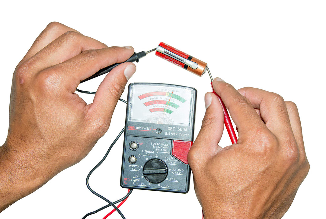 GBT-500A Analog 1.5 V Button Cell/22.5 Photo/AA/AAA/12 V/9 V/Lantern Cells & More, Leads Battery Tester,14 Battery Range, Black