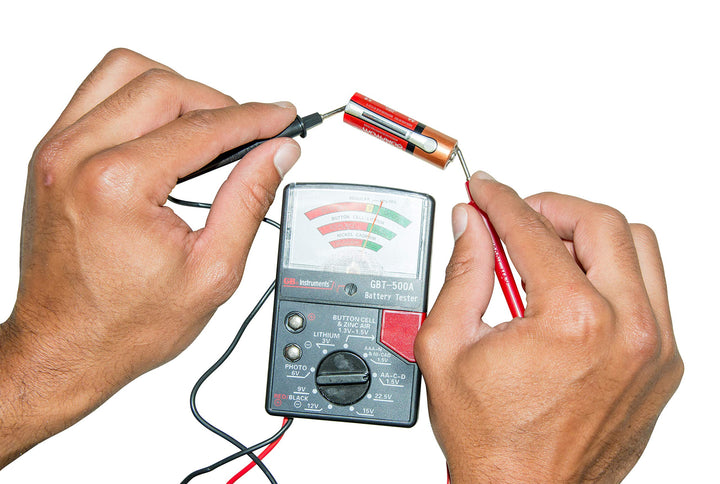 GBT-500A Analog 1.5 V Button Cell/22.5 Photo/AA/AAA/12 V/9 V/Lantern Cells & More, Leads Battery Tester,14 Battery Range, Black