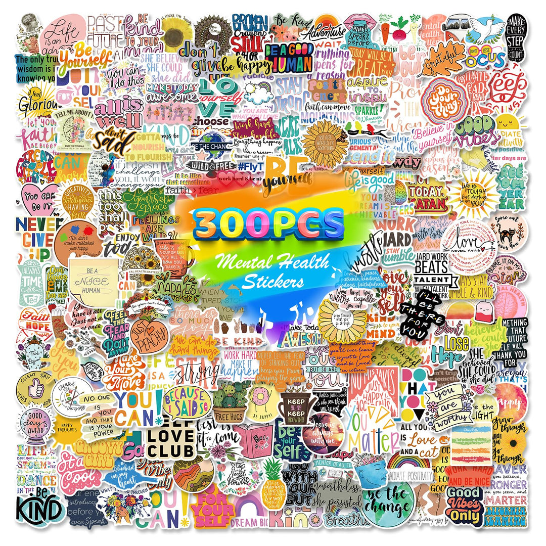 300pcs Mental Health Inspirational Stickers for Laptop, Motivational Quotes Decals, Positive Words Stickers for Water Bottles, Waterproof Vinyl Inspirational Stickers Pack for Adults Teens Skateboard