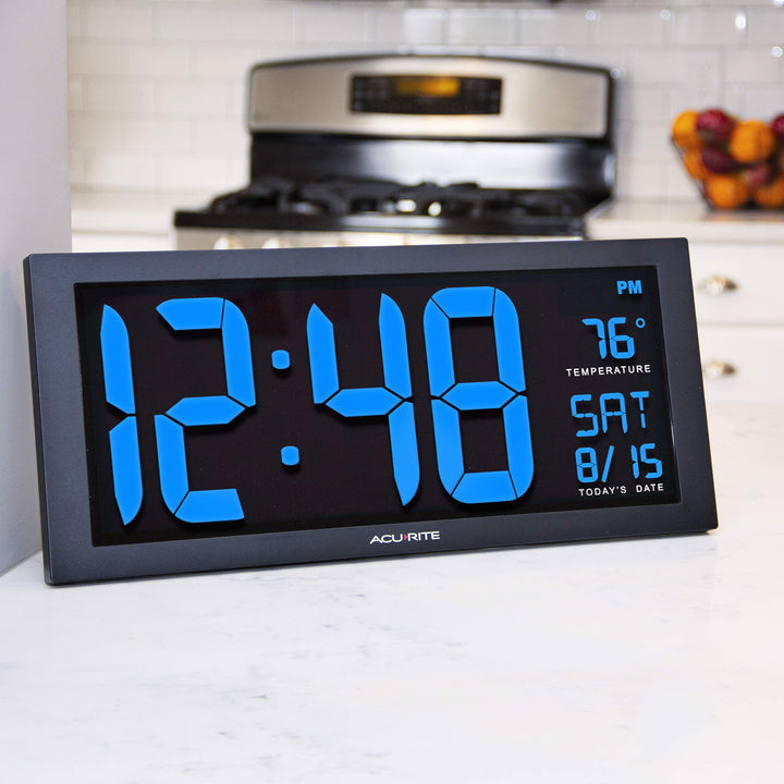 75152M Oversized Blue LED Clock with Indoor Temperature, Date and Fold-Out Stand, 14.5-Inch