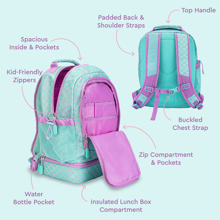 Kids 2-in-1 Backpack & Insulated Lunch Bag - Durable 16” Backpack & Lunch Container in Unique Prints for School & Travel - Water Resistant, Padded & Large Compartments (Mermaid Scales)