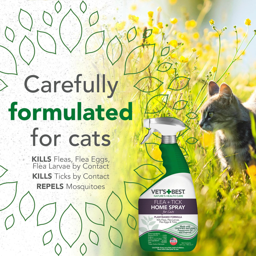 Vet's Best Flea and Tick Home Spray for Cats - Flea Treatment for Cats and Home - Plant-Based Formula - Certified Natural Oils - 32 oz