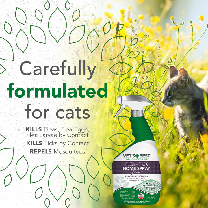 Vet's Best Flea and Tick Home Spray for Cats - Flea Treatment for Cats and Home - Plant-Based Formula - Certified Natural Oils - 32 oz